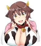  1girl animal_ears bell bell_collar blush breasts brown_eyes cleavage collar cow_bell cow_ears cow_horns cow_print gloves horns idolmaster idolmaster_cinderella_girls looking_at_viewer oikawa_shizuku short_hair smile solo yellow_eyes zanku 