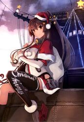  1girl bell brown_eyes brown_hair christmas hair_ornament hat highres kantai_collection long_hair long_ponytail machinery official_art sack santa_hat shizuma_yoshinori star star_hair_ornament thigh-highs very_long_hair yamato_(kantai_collection) 