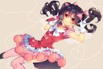  1girl black_hair bow dress gloves hair_bow long_hair looking_at_viewer love_live!_school_idol_project microphone red_eyes ribbon rinndouk skirt smile solo thigh-highs twintails yazawa_nico zettai_ryouiki 