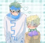  2boys black_hair blonde_hair blush checkered_scarf closed_eyes coat earrings gloves headband heart hirose_kouichi jewelry jojo_no_kimyou_na_bouken kishibe_rohan multiple_boys open_mouth scarf scarf_over_mouth short_hair winter_clothes 