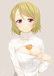  1girl blonde_hair blush breasts cleavage cleavage_cutout food fruit koizumi_hanayo looking_at_viewer love_live!_school_idol_project mandarin_orange object_on_breast open-chest_sweater ribbed_sweater short_hair simple_background smile solo suzume_miku sweater turtleneck turtleneck_sweater violet_eyes 