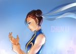  1girl alternate_costume brown_eyes brown_hair character_name chinese_clothes chun-li double_bun from_side hair_ribbon highres kumsmkii lips nose ribbon short_hair sleeveless solo street_fighter street_fighter_zero 