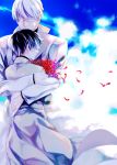  2boys arima_kishou black_hair blue_sky closed_eyes flower glasses hug kaneki_ken multicolored_hair multiple_boys necktie petals sasaki_haise short_hair sky spider_lily tokyo_ghoul tokyo_ghoul:re trench_coat turtleneck white_hair 