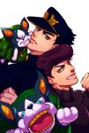  2boys blue_eyes clone dog doromaso green_eyes hat higashikata_jousuke highres iggy_(jojo) jojo_no_kimyou_na_bouken kuujou_joutarou multiple_boys pompadour purple_hair turtleneck 