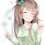  1girl blush bow brown_hair closed_eyes green_skirt hair_bow long_hair love_live!_school_idol_project minami_kotori side_ponytail simple_background skirt smile snowflakes solo white_background 