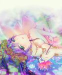  1girl bare_legs between_fingers breasts cleavage flower green_eyes holding jewelry kanie lakshmi_(p&amp;d) lips long_hair lotus lying on_back purple_hair puzzle_&amp;_dragons shiny solo 