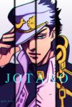  1boy adjusting_clothes adjusting_hat black_hair blue_eyes chain character_name doromaso hat highres jojo_no_kimyou_na_bouken kuujou_joutarou multiple_persona solo twitter_username 