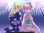  2girls alternate_breast_size blonde_hair blush breasts drill_hair evuoaniramu fireworks fox_mask hair_ornament hair_ribbon hairpin hand_on_hand huge_breasts japanese_clothes kaname_madoka kimono mahou_shoujo_madoka_magica mask multiple_girls open_mouth pink_eyes pink_hair ponytail ribbon short_hair side_ponytail tomoe_mami yellow_eyes 