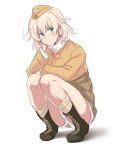  1girl blonde_hair blue_eyes blush boots brown_boots cross-laced_footwear full_body garrison_cap hat lace-up_boots military military_uniform panties raisa_pottgen shadow short_hair simple_background smile solo squatting strike_witches ulrich_(tagaragakuin) underwear uniform white_background white_panties 
