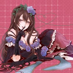  1girl bare_shoulders black_dress black_gloves blue_eyes blue_rose brown_hair character_request dress elbow_gloves finger_to_mouth flat_gaze flower flower_on_head gloves granblue_fantasy hair_between_eyes hairband lips long_hair looking_at_viewer lying mtmiwa404 off_shoulder on_side rose solo very_long_hair wavy_hair 