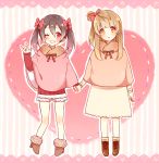  2girls ;) black_hair blush bow brown_eyes brown_hair hair_bow heart holding_hands long_hair looking_at_viewer love_live!_school_idol_project minami_kotori multiple_girls nemuhito one_eye_closed open_mouth red_eyes side_ponytail skirt smile twintails yazawa_nico 