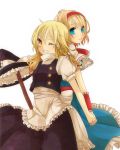  2girls alice_margatroid apron ascot back-to-back blonde_hair blue_eyes blush braid broom capelet couple frilled_skirt frills hairband hat hat_removed headwear_removed holding_hands kirisame_marisa long_hair multiple_girls one_eye_closed short_hair side_braid simple_background skirt smile touhou tsuno_no_hito waist_apron white_background witch_hat wrist_cuffs yellow_eyes yuri 