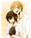  1boy 1girl black_hair blonde_hair closed_eyes couple durarara!! hetero hug hug_from_behind kida_masaomi mikajima_saki mutsuki_ayumi short_hair smile 