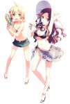  2girls :d absurdres arm_up armpits bare_legs bikini bikini_top black_bikini blonde_hair blue_eyes breasts brown_hair cleavage front-tie_top full_body green_eyes h2so4 hair_bobbles hair_ornament hat high_heels highres leopard_print long_hair looking_at_viewer miniskirt multiple_girls no_socks open_fly open_mouth sandals sarong scan short_twintails side-tie_bikini simple_background skirt smile string_bikini sun_hat sunglasses_removed swimsuit twintails unzipped water_gun wet white_background wristband 