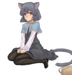  1girl animal_ears black_legwear capelet dress gem grey_dress grey_hair jewelry kuro_suto_sukii long_sleeves mouse_ears mouse_tail nazrin necklace pantyhose pendant red_eyes see-through sitting solo tail touhou v_arms wariza 