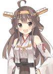  1girl :d ahoge bare_shoulders brown_eyes brown_hair cowboy_shot detached_sleeves double_bun hands_on_hips headgear highres kantai_collection kongou_(kantai_collection) long_hair looking_at_viewer nanashina nontraditional_miko open_mouth smile solo white_background 