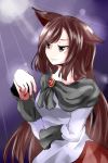  1girl animal_ears bare_shoulders breasts brooch brown_hair dress imaizumi_kagerou jewelry long_hair looking_away nail_polish red_eyes solo touhou wolf_ears 