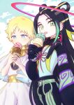  2boys absurdres aqua_shirt bangs black_gloves black_hair black_pants blonde_hair blue_eyes bright_pupils clouds cowboy_shot day ear_piercing earrings eating eyeshadow fate/grand_order fate_(series) food gloves green_belt green_eyes green_hair hair_rings halo highres holding holding_food ice_cream_cone jewelry long_hair looking_at_object looking_at_viewer makeup male_child male_focus multicolored_hair multiple_boys o-ring pants parted_bangs piercing red_eyeshadow sash scarf shirt short_hair shrug_(clothing) streaked_hair taisui_xingjun_(fate) tongue tongue_out tunic two_side_up voyager_(fate) white_pupils white_tunic yellow_sash yellow_scarf yoi_(207342) 