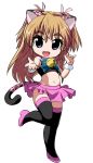  1girl animal_ears bell blue_eyes brown_hair cat_ears cat_tail chibi drimshi_(mick_miku) half_updo high_heels houjou_hibiki long_hair midriff navel open_mouth orange_hair panther_pink_(precure) precure simple_background skirt smile solo suite_precure tail thigh-highs twintails two_side_up white_background wrist_cuffs zettai_ryouiki 