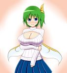  1girl blush bow breasts daiyousei green_hair hair_bow huge_breasts open-chest_sweater ribbed_sweater short_hair side_ponytail solo sweater teera_(tera_zilla) touhou wings 