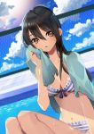  1girl bangs bikini black_hair blush breasts brown_eyes clouds cloudy_sky fence highres kimijima0301 long_hair navel original outdoors polka_dot polka_dot_bikini polka_dot_swimsuit pool ribbon shochuumimai sitting sky solo striped striped_bikini striped_swimsuit swimsuit towel towel_around_neck wiping 