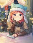  1girl alternate_eye_color animal_hat arm_warmers bangs blush cat_hat chair coat curtains d_match earrings flower fur_trim hand_on_own_cheek hat indoors jewelry light_particles long_sleeves looking_at_viewer love_live!_school_idol_project napkin nishikino_maki pov_across_table redhead restaurant scarf short_hair star star_earrings swept_bangs table tablecloth vase window wine_bottle winter_clothes yellow_eyes 