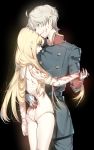  1boy 1girl aldnoah.zero arm_around_waist asseylum_vers_allusia black_background blonde_hair blood doll doll_joints green_eyes kurumiya_hato long_hair military military_uniform short_hair silver_hair slaine_troyard uniform 