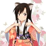  1girl alternate_costume animal_ears black_hair brooch brown_eyes butterfly cato_(monocatienus) cherry_blossoms chrysanthemum floral_background floral_print flower imaizumi_kagerou japanese_clothes jewelry kimono long_hair long_sleeves obi payot red_eyes sash smile solo touhou werewolf wide_sleeves wolf_ears 