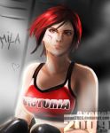  1girl absurdres axouel2009 black_hair boxing_gloves breasts character_name dead_or_alive dead_or_alive_5 eyelashes highres lips mila_(doa) multicolored_hair nose red_eyes redhead short_hair solo sports_bra sweat watermark web_address 