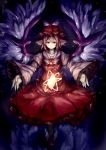  1girl alternate_eye_color animal_ears bd-0 card claws dark dress fingernails floating_card floating_object glowing hat highres light_smile long_fingernails mystia_lorelei nail_polish pink_hair red_dress short_hair solo touhou wide_sleeves wings yellow_eyes 