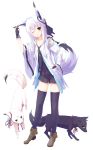  1girl animal_ears belt black_legwear brown_eyes detached_sleeves fingerless_gloves fox fox_tail gloves hand_on_head long_hair looking_at_viewer necktie one_eye_closed open_mouth original purple_hair shio_(shia-ushio) shorts simple_background solo tail thigh-highs white_background 