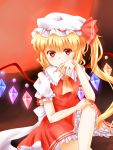  1girl ascot blonde_hair blood_on_fingers bow elbow_rest expressionless fingernails flandre_scarlet hand_on_own_face hand_on_own_knee hat hat_ribbon highres knee_up looking_at_viewer mob_cap moon puffy_short_sleeves puffy_sleeves red_eyes red_moon ribbon short_hair short_sleeves side_ponytail sitting skirt skirt_set tengxiang_lingnai touhou wings 