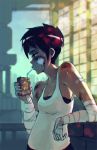  1girl bandages bandaid black_hair blood breasts bruise cleavage cuts drinking_straw highres injury juice_box lens_flare original railing rtil short_hair small_breasts solo sweat tank_top tomboy wrist_wraps 