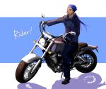  1boy blue_hair cigarette earrings fate/stay_night fate_(series) gloves highres jewelry kona_(mmm3608) lancer long_hair motor_vehicle motorcycle ponytail red_eyes solo vehicle 
