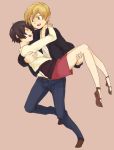  1boy 1girl black_hair blonde_hair brown_eyes carrying closed_eyes couple durarara!! hetero kida_masaomi mikajima_saki miya_(24toys) princess_carry short_hair smile 