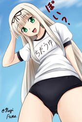  1girl blonde_hair buruma from_below fuuma_nagi green_eyes gym_uniform hair_ribbon kantai_collection long_hair ribbon straight_hair yuudachi_(kantai_collection) 