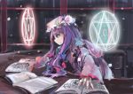  1girl book bow crescent hair_bow hat ichiba_youichi long_hair magic_circle patchouli_knowledge purple_hair ribbon solo touhou 