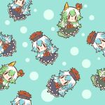  blue_background blue_hair blush chibi circle clone dual_persona ex-keine green_hair hat horn_ribbon horns kamishirasawa_keine long_hair lowres multicolored_hair rebecca_(keinelove) ribbon solid_oval_eyes tail touhou two-tone_hair 