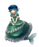  1girl adapted_costume alternate_costume blue_eyes blue_hair dress head_fins kukkuru mermaid monster_girl ribbon short_hair solo touhou wakasagihime 