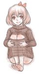  1girl barefoot cleavage_cutout grin hair_ribbon highres kuro_suto_sukii leg_hug long_sleeves open-chest_sweater restricted_palette ribbed_sweater ribbon rumia sketch smile solo sweater touhou turtleneck 