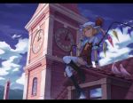  1girl anime_coloring ascot bird blonde_hair blue_sky boots clock clock_tower clouds cross-laced_footwear flandre_scarlet garter_straps hat hat_removed headwear_removed kurione_(zassou) mob_cap pigeon puffy_short_sleeves puffy_sleeves red_eyes rooftop scarlet_devil_mansion shirt short_sleeves side_ponytail skirt skirt_set sky solo thigh-highs tile_roof touhou tower vest white_legwear wings wrist_cuffs zettai_ryouiki 