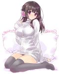  1girl artist_request black_legwear blush breasts brown_hair carnelian flower hair_flower hair_ornament large_breasts long_hair long_sleeves looking_at_viewer no_pants pillow ribbed_sweater simple_background sitting smile solo sweater thigh-highs violet_eyes wariza 