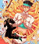  backpack bag black_hair blonde_hair closed_eyes earrings flying_paper gakuran hands_clasped hirose_kouichi jewelry jojo_no_kimyou_na_bouken kishibe_rohan midriff multiple_boys paper pen randoseru sahau228 school_uniform short_hair 