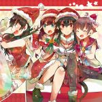  4girls :d ^_^ agano_(kantai_collection) asymmetrical_legwear belt black_hair boots breasts brown_hair brown_legwear capelet christmas cleavage closed_eyes garter_straps girl_sandwich gloves green_eyes itomugi-kun kantai_collection long_hair midriff multiple_girls navel necktie noshiro_(kantai_collection) open_mouth pleated_skirt ponytail purple_hair red_gloves sack sakawa_(kantai_collection) sandwiched santa_costume short_hair single_thighhigh sitting skirt smile thigh-highs violet_eyes yahagi_(kantai_collection) 