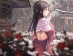  1girl blurry blush breath brown_eyes brown_hair budouya depth_of_field flower forest hair_ornament highres japanese_clothes kimono long_hair nature original outdoors profile rope shide shimenawa shrine snow solo torii tree 