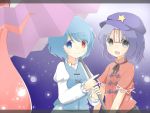  2girls blue_eyes blue_hair chinese_clothes ellipsis_(mitei) fang flat_cap gradient gradient_background grey_eyes hat heterochromia high_collar juliet_sleeves karakasa_obake letterboxed light_particles long_sleeves miyako_yoshika multiple_girls ofuda open_mouth pointing puffy_sleeves red_eyes ribbon short_hair short_sleeves skirt skirt_set smile star tatara_kogasa tongue touhou umbrella 