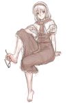  1girl alice_margatroid barefoot blush capelet dress glasses hairband highres kuro_suto_sukii puffy_short_sleeves puffy_sleeves restricted_palette sash short_sleeves sitting sketch smile solo toe_hold touhou 