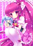  2girls :d aino_megumi blue_hair chibi cure_lovely cure_princess hair_ornament happinesscharge_precure! highres kouta. long_hair looking_at_viewer magical_girl minigirl multiple_girls open_mouth ponytail precure purple_hair shirayuki_hime sitting size_difference smile twintails very_long_hair violet_eyes 