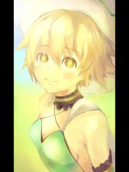  .hack// .hack//g.u. 1girl atoli_(.hack//) black_border blonde_hair border commentary detached_collar hat highres looking_at_viewer maro_maronomaro pillarboxed short_hair sleeveless smile solo upper_body white_hat yellow_eyes 