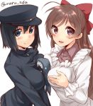  2girls akitsu_maru_(kantai_collection) between_breasts black_eyes black_hair blush bow breast_press breasts brown_hair hair_bow hat kantai_collection kappougi large_breasts long_hair looking_at_viewer mamiya_(kantai_collection) maruki_(punchiki) military military_uniform multiple_girls open_mouth peaked_cap ponytail short_hair skirt smile uniform violet_eyes 